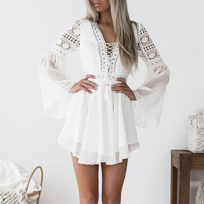 

Women Summer Fashion Sexy All-match Solid Color Deep V-collar Hollow Out Flare Sleeve Dresses