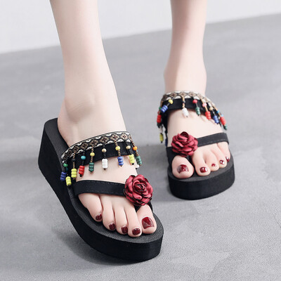 

Rose Womens High-Heel Sandals Ethnic Style Retro Beach Slope Anti-Skid Flip Flops