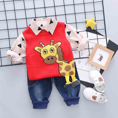 

Autumn Baby Boy Long Sleeve Geometric Print T-shirt Sleeveless Deer Sweater Denim Trousers Casual Outfits