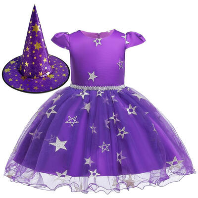 

2pcsset Halloween Star Pattern Witch HatKids Performance Girls Tutu Dress
