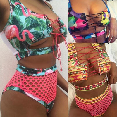 

Women Padded Bikini Set Push Up Swimsuit Print High Waist Bathing Swimwear