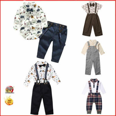 

Infant Baby Boy Long Sleeve Shirt Romper Top Plaid Strap Trousers Autumn Clothes