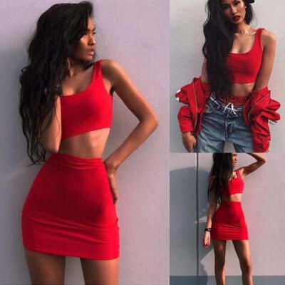 

Women 2 Piece Set Dresses Bodycon Skirt Outfit Crop Top Mini Summer Dress Bandge