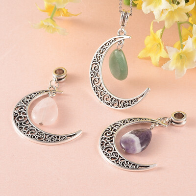 

Tibetan Style Moon Large Hole European Big Dangle Beads with Drop Gemstone Beads Antique Silver 51mm Hole 5mm