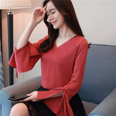 

2018 New Women Chiffon Blouse Sexy V neck Flare Sleeve Loose Casual Shirt OL Tops