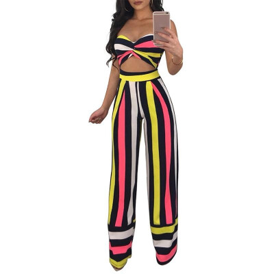 

Sexy Women Striped Two-Piece Set Off the Shoulder Backless Crop Top Wide Leg Pants High Waist Trousers