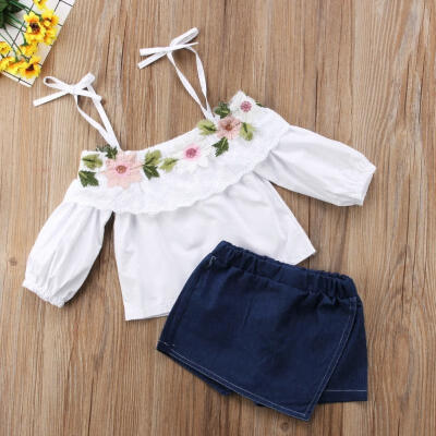 

2pcs Toddler Kids Girls Flower Strap Tops Blouse Denim Shorts Outfits Set