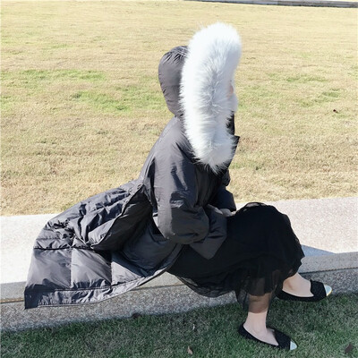 

2018 han edition winter clothing new fashion loose quilt type big hair collar is thickened too knee long style down jacket female