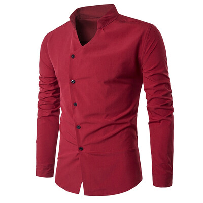 

Stand Collar Oblique Placket Long Sleeve Shirt
