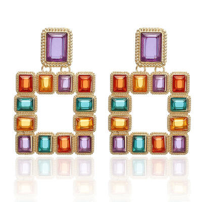 

Korean Trendy Exaggerated Big Earrings Geometric Square Colorful Crystal Dangle Drop Earrings For Women Earings Fashion Jewelry