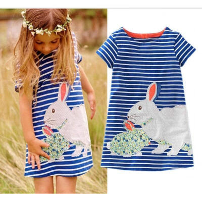 

Cute Baby Kids Girls Summer Blue Striped Dress Short sleeve Rabbit Cartoon Dress Clothes 2-7Y