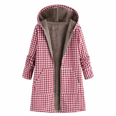 

Toponeto Women Winter Warm Outwear Zipper Plaid Print Pocket Vintage Oversize Coat