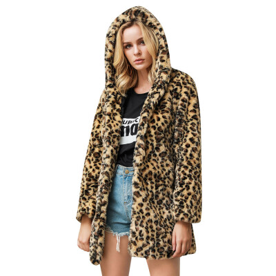 

Toponeto Women Fashion Leopard Faux Fur Outwear Cardigan Loose Hooded Pocket Coat