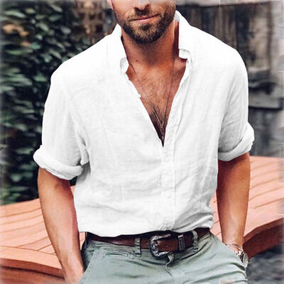 

Mens Linen Long Sleeve Shirt Summer Cool Loose Casual V-Neck Shirts Tops -3XL