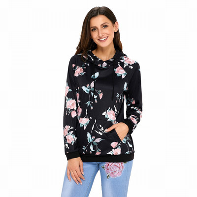 

Grey floral print long sleeve with pocket hooded sweater casual top