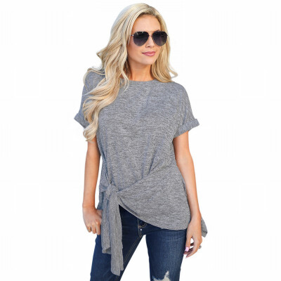 

Womens waist T-shirt round neck short sleeve knotted smock