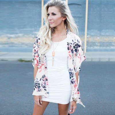 

Casual Women Chiffon Kimono Floral Print Half Sleeve Vintage Cardigan Cover Up Open Cape Blouse Coat