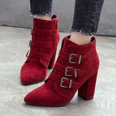 

Rose Fashion Pure Color Pointed Toe Zipper Boots Chunky Heels Vintage Women Boots