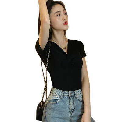 

Womens V Neck Knot Solid Short Sleeve Knitted Sexy T-Shirt