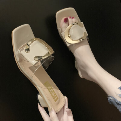 

Sandals women wear 2019 new girls heart metal buckle square head toe drag gentle fairy high heels