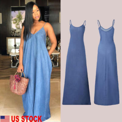 

US Womens Boho Backless Long Denim Maxi Dresses Loose Dress Beach Wear Plus Size