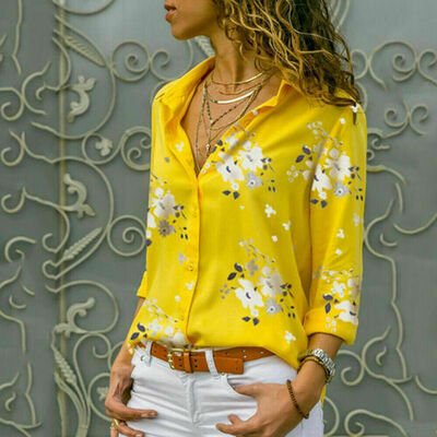 

Women Long Sleeve Blouse Loose Tops Floral V Neck Office Work Shirt Size 6-22