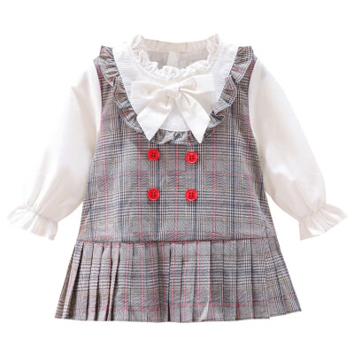 

Children Girls Cute Plaid Print Fake Two Piece Bottoming Long Sleeved Sweet Princess Dress