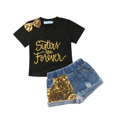 

Baby Girl Kid Bowknot T-shirt TopsSequin Denim Shorts Pants Summer Clothes Sets