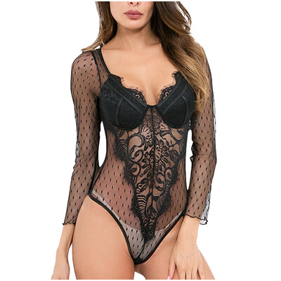 

Toponeto Women Deep V-collar Sexy Long Sleeve V-neck Lace Ripple Sexy Underwear Bodysuit