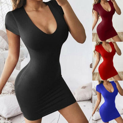 

Sexy Womens Ladies Deep V-Neck Solid Short Sleeve Club Party Short Mini Dress