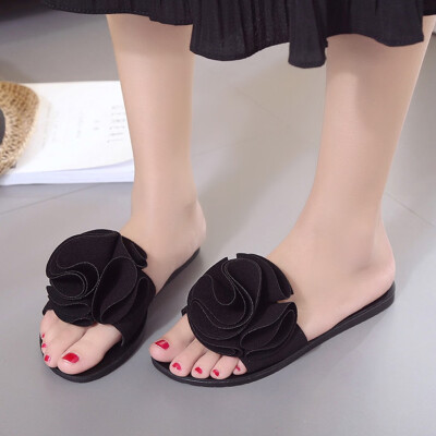 

Rose Fashion Women Slip-on Open Toe Flat With Heels Pure Color Flower Slipper Shoes