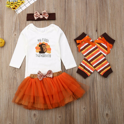 

Newborn Baby Girls Thanksgiving Romper Tulle Dress Headband Outfits Set