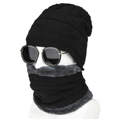 

Solid Color Winter Warm Knitted Plush Men Baggy Beanie Cap Neck Wrap Scarf Set
