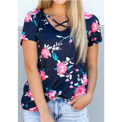 

omen Summer Short Sleeve Floral Shirt Blouse Tops Loose T Shirt Casual TOPS