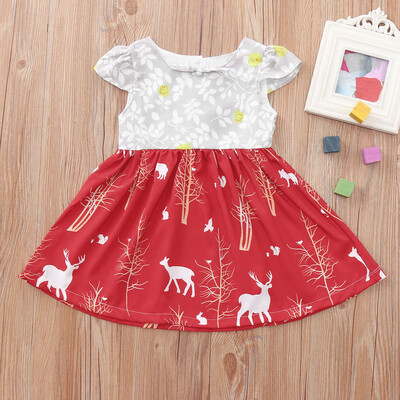 

Toddler Kids Baby Girl Short Sleeve Deer Floral Dress Christmas Sundress Outfits