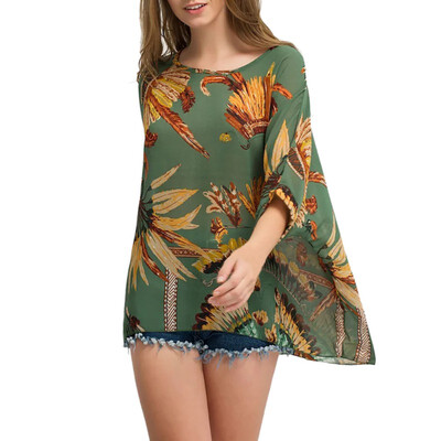 

Womens Beach Style Round Neck Bohemian Geometric Print Bat Sleeve Loose Chiffon T-Shirt