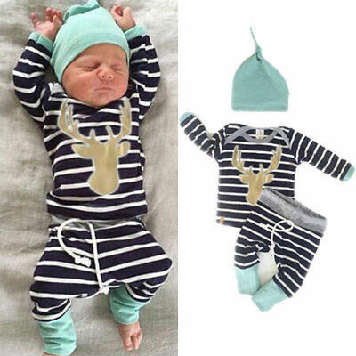 

Newborn Baby Boy Girl Long Sleeve Tops Long Pants Hat 3PCS Outfits Set Clothes
