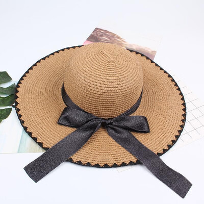 

Women Sun Straw Hat Contrast Bowknot Wide Large Brim Foldable Floppy Casual Summer Beach Cap