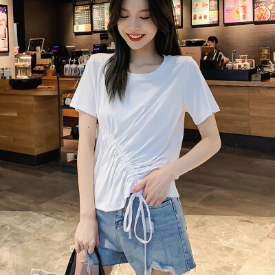 

Fashion Slim Drawstring Design Womens Tees Simple Casual Solid Color Short Sleeve Round Neck Tops