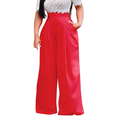 

Womens High Waist Fashion Solid Color Zipper Loose Wide Pants Long Trousers