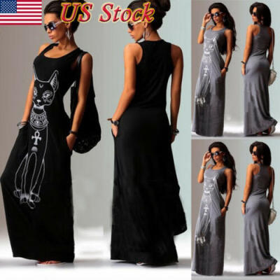 

Womens Maxi Casual Beach Sundress Cocktail Sleeveless Kaftan Hippie Pocket Dress