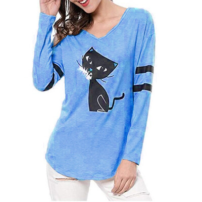 

Starmoon Fashion Women Casual Cat Splice Loose Long Sleeve V-Neck T-shirt Tops
