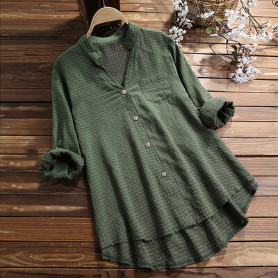 

Starmoon Womens Casual V Neck Loose Linen Plus Size Plaid Button Tanic Shirt Blouse Tops