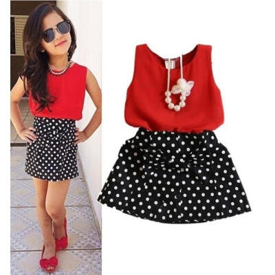 

Temperament Chiffon TopsBowknot Dot Skirt Clothes Girls Baby Kids Outfits Set