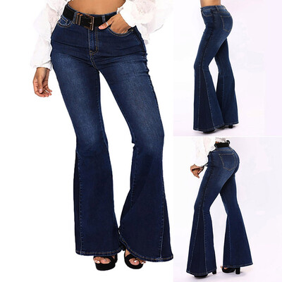 

Tailored Women Elastic Plus Loose Denim Pocket Button Casual Flare pants Pant Jeans