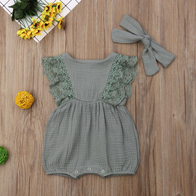 

Infant Kids Baby Girl Lace Ruffled Romper Bodysuit Hair Band Outfit Summer