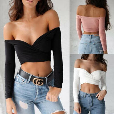 

Summer Women Casual Off Shoulder Tank Top Vest Blouse Long Sleeve Crop Top Shirt
