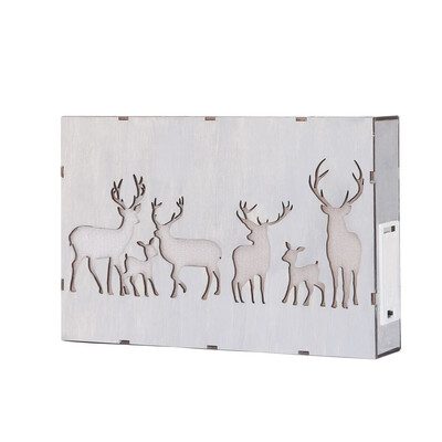 

Christmas decorations colored lights wooden frame pieces forest elk scene set props