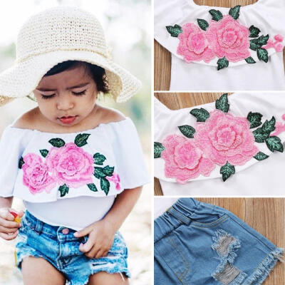 

2pcs Toddler Infant Kids Baby Girls Floral Tops Denim Shorts Pants Clothes Outfits