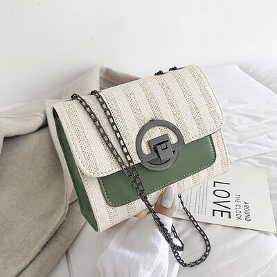 

Fashion wild striped shoulder bag female 2019 new simple contrast color woven bag retro temperament chain Messenger bag